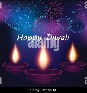 Festival der Lichter, Happy Diwali feiern. Elegante, traditionelle Lampen und Feuerwerk am Hintergrund Stock Vektor