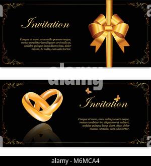 Hochzeit Einladung breite goldene Ringe und Farbband im Retro Stil perfekt für Einladungen oder Ankündigungen. Stock Vektor