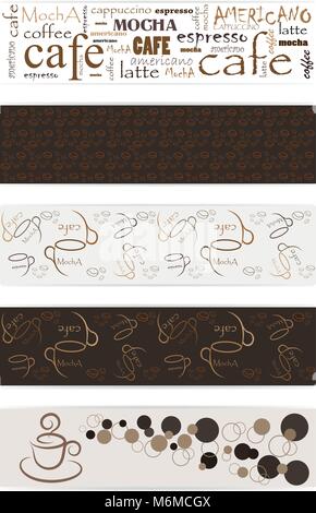 Banner ist der Kaffee Thema. Nahtlose/Muster. Die nahtlose Vektor Illustration mit Bild von Kaffeetassen, Kaffeebohnen, Kaffee Worte Stock Vektor