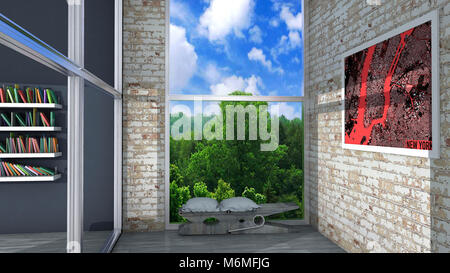 Innenausbau, Wohnzimmer und modernen Möbeln, Wand, Fenster mit Blick auf einen Park. Sitz in der Form einer Wäscheklammer mit einem Kissen. Stockfoto