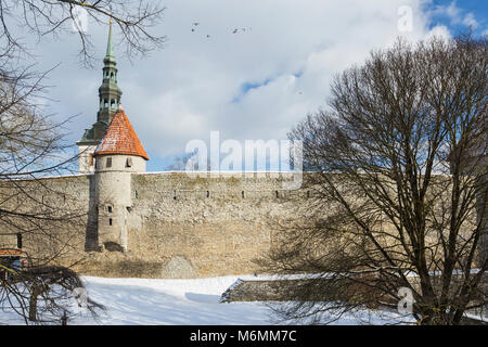 Landschaft Blick auf die Altstadt Stadtmauer, Tallinn, Estland im Februar 2018. Stockfoto