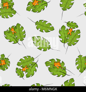 Nahtlose Muster mit niedlichen Katzen in Tiger Farben Hiden hinter der großen Blätter. Stockfoto
