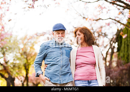 Schönes älteres Ehepaar in Liebe außerhalb im Frühjahr die Natur. Stockfoto