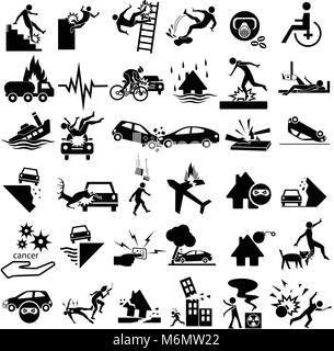 Unfall Symbole für Sozialversicherungen, der Leiter, rutschig, Gasexplosion, Stolpern, Risiken, Krebs, Bissen, Flugzeugabsturz, Dieb, blast, Mord, Krieg, whee Stock Vektor