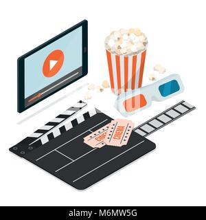 Film Streaming auf mobile App, Klappe, 3D-Brillen und Popcorn: Unterhaltung und Kino Konzept Stock Vektor