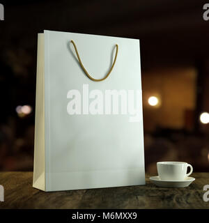 3d-Modell Abbildung leer leere Vorlage eines Weißbuchs Shopping Bag für Einkäufe auf einen hölzernen Tisch mit einem weißen Kaffeetasse Stockfoto