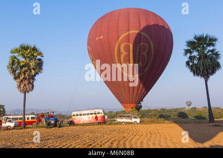 Ballons über Bagan Busse und Crew warten für Heißluftballons in Bagan in der Morgendämmerung zu landen, Myanmar (Burma), Asien im Februar Stockfoto