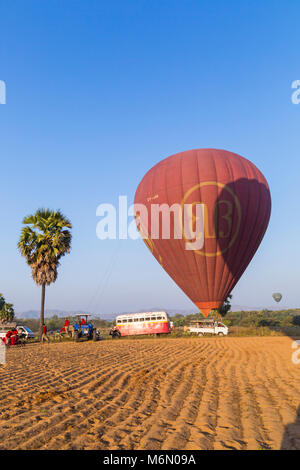 Ballons über Bagan Busse und Crew warten für Heißluftballons in Bagan in der Morgendämmerung zu landen, Myanmar (Burma), Asien im Februar Stockfoto