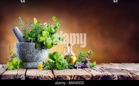 Die aromatischen Kräuter mit Mörtel - frische Gewürze zum Kochen Stockfoto