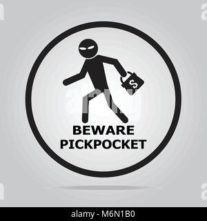 Vorsicht Taschendieb unterzeichnen, taschendieb Symbol Vektor illustration Stock Vektor