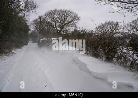 Schneeverwehungen auf einem englischen Country Lane. Während der "Tier aus dem Osten", Februar 2018. Stockfoto