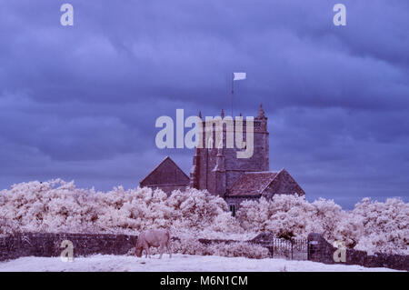 Infrarot Bild der denkmalgeschützten, teilweise zerstörten "Alten Kirche St. Nicholas' auf ansteigende Hügel in der Nähe von Weston-super-Mare in Somerset. Stockfoto