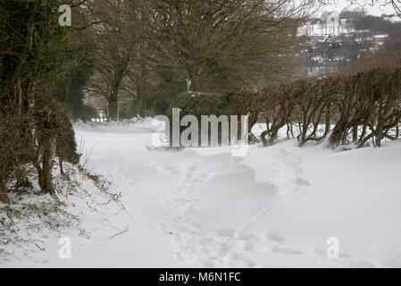 Schneeverwehungen auf einem englischen Country Lane. Während der "Tier aus dem Osten", Februar 2018. Stockfoto