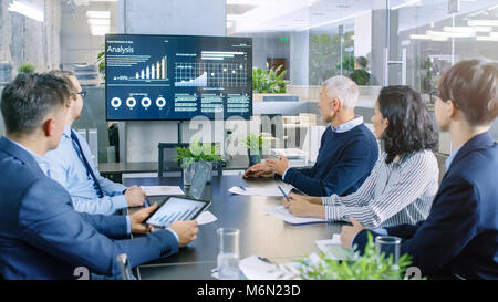 Vielfältige Gruppe von Erfolgreiche Geschäft Leute im Konferenzraum, erläutern Sie den Unternehmen Wachstum gezeigt an der Wand TV Illustriert von Charts und Statistik Stockfoto