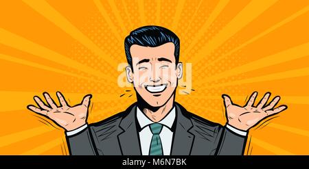 Happy Geschäftsmann oder Student freut sich auf Erfolg. Geschäftskonzept. Cartoon in der Pop Art retro Comic Stil, Vektor, Abbildung Stock Vektor