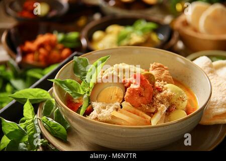 Lontong Cap klicken Sie meh. Die Javanese-Peranakan Reis Kuchen Suppe mit Hähnchen Curry, Chayote Squash Curry Soja, Ei, Garnelen Eintopf, Boden Soja- und Cracker. Stockfoto