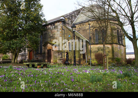 Poulton-le Fylde, Lancashire. März 2018. Wetter in Großbritannien: Zeichen des Frühlings mit blühenden Krokuszwiebeln, die sich nach Unwetter auf dem Gelände der St. Chad's Church erholt haben, einer beliebten Pfarrkirche im Herzen der geschäftigen Marktstadt Poulton-le-Fylde. Stockfoto