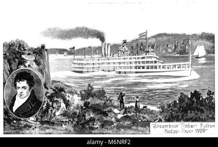 ROBERT FULTON (1765-1815) Amerikanischer Ingenieur mit seinem North River Steamboat von Clermonts Stockfoto