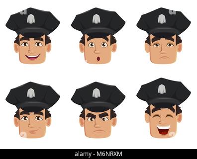 Gesichtsausdruck der Polizist, Polizist. Satz von verschiedenen Emotionen. Stattliche Zeichentrickfigur cop. Vector Illustration auf weißen backgr isoliert Stock Vektor