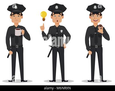 Polizist, Polizist. Der zeichentrickfigur Cop müde, mit einer guten Idee und mit Donut. Vector Illustration auf weißem Hintergrund Stock Vektor