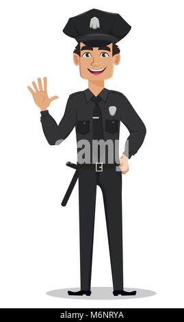 Polizist, Polizist Hand winkte. Lächelnd Zeichentrickfigur cop. Vector Illustration auf weißem Hintergrund Stock Vektor