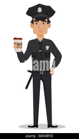 Polizist, Polizist mit einer Tasse Kaffee. Lächelnd Zeichentrickfigur cop. Vector Illustration auf weißem Hintergrund Stock Vektor
