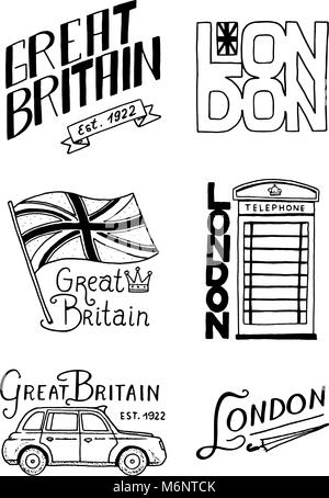 Britische Logos, Symbole, Abzeichen oder Briefmarken, Embleme, architektonische Sehenswürdigkeiten, Flagge des Vereinigten Königreichs. Land England label. Phone Booth, London und der Herren. Graviert, vintage Stil gezeichnet. Stock Vektor