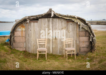 Umgedrehten boot Rumpf als Schuppen, Lindisfarne Insel, heilige Insel UK Stockfoto