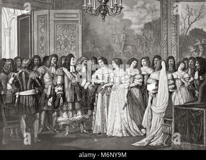 Louise de La Vallière zu Louis XIV in St. Germain, Frankreich. Louise de La Vallière, 1644 - 1710. Geliebte von Ludwig XIV. von Frankreich von 1661 bis 1667. Louis XIV, 1638-1715, aka Louis das God-Given, Louis der Große oder der Sonne, der König. König von Frankreich. Von Hutchinson's Geschichte der Nationen, veröffentlicht 1915. Stockfoto