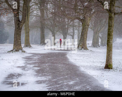 Ein Mann in einem roten Skijacke zu Fuß durch einen treibenden Schnee dusche entlang der von Bäumen gesäumten Promenade im Dorf Clifton Bristol UK Stockfoto