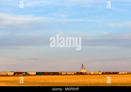 Einen gelben Weizenfeld, Waggons, Lkws entlang der Straße, ein Korn Terminal unter einem riesigen blauen Himmel mit lila Wolken an einem heißen Abend Stockfoto