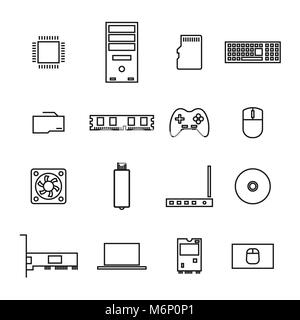 Reihe von Icons Computer, Geräte und Zubehör für dünne Linien, auf weißem Hintergrund, Vector Illustration. Stock Vektor