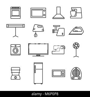 Einstellen der verschiedenen Elemente von Haushaltsgeräten aus dünnen Linien, auf weißem Hintergrund, Vector Illustration. Stock Vektor