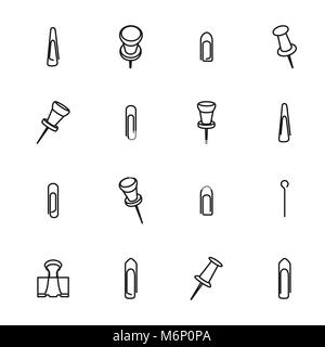 Büro gesetzt, Büroklammern Symbole der verschiedenen Formen und Größen von dünnen Linien. Auf weißem Hintergrund, Vector Illustration. Stock Vektor
