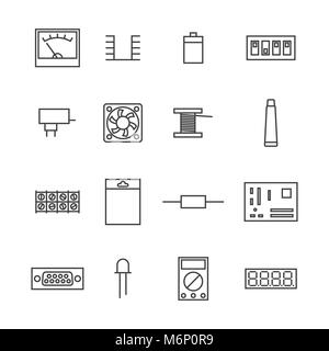 Satz von verschiedenen elektronischen und radio Komponenten der dünne Linien auf weißem Hintergrund. Flat, Vector Illustration. Stock Vektor