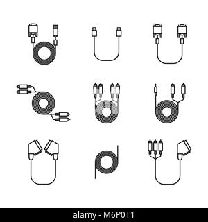 Symbole von Kabel und Kabel mit Steckern der dünnen Linien auf weißem Hintergrund, Vector Illustration. Stock Vektor