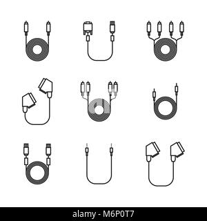 Symbole von Kabel und Kabel mit Steckern der dünnen Linien auf weißem Hintergrund, Vector Illustration. Stock Vektor