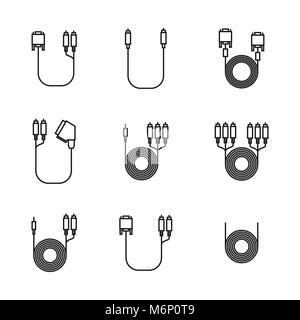 Symbole von Kabel und Kabel mit Steckern der dünnen Linien auf weißem Hintergrund, Vector Illustration. Stock Vektor
