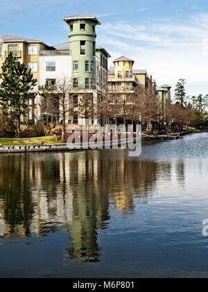 Gebäude entlang des Lake Woodlands mit Bäumen Stockfoto