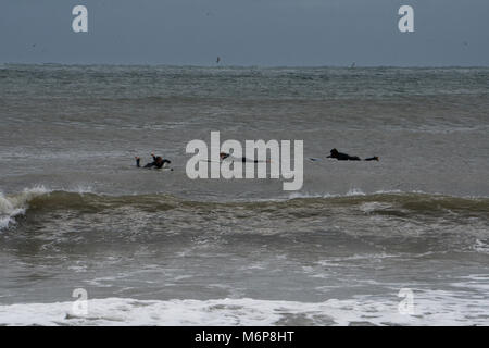 Silhouette der Surfer warten und Paddel Schwimmen in den Boards, den Ozean zu großen Wellen reiten catch Fahrt zum Strand Ufer und Stockfoto