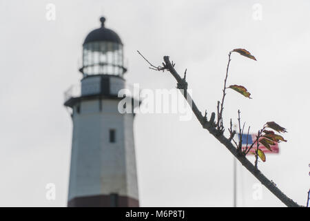 Tall majestic Leuchtturm am Meer entlang der Küste gegen einen hellen Himmel Hintergrund. Amerikanische Flagge Wellen im Wind, das Ufer. Tiefenschärfe Unschärfe Stockfoto