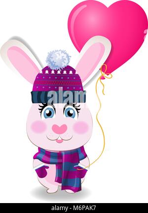 Niedliche rosa Baby Kaninchen auf gestrickte Mütze, Schal und Handschuhe Holding rose Helium Ballon in Herzform auf weißem Hintergrund. Vektor cartoon Illustra Stock Vektor