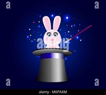 Bunny in magischen Hut mit Zauberstab auf blau schimmernden glow Hintergrund. Niedliche Kaninchen aus der Zauberer Zylinder top hat klemmt. Circus Poster, Banner, anhand von quantitativen Simulatio Stock Vektor