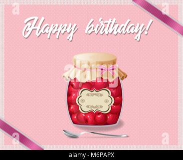 Rose und Polka Dots geburtstag Rahmen mit Happy birthday Titel, marmeladenglas von Kirsche, Löffel und rosafarbenen Bändern. mit weißen Spitzen eingerahmt. Vektor illustrati Stock Vektor