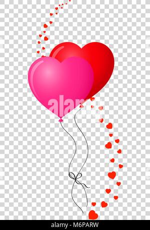 Paar bounded realistische herzförmige Helium rot und rosa Luftballons mit gewellten Herzen line Dekor auf transparentem Hintergrund isoliert. Vektor illustratio Stock Vektor