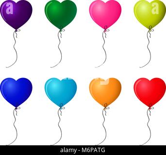 Set aus bunten realistische Helium Luftballons in Herzform auf weißem Hintergrund. Vektor Clipart für festliche Design, Grußkarten, Einladung. Stock Vektor