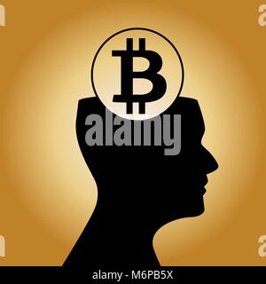 Menschlichen Kopf Silhouette mit Zeichen der bitcoin innen auf glänzenden goldenen Hintergrund. Vector Illustration, Symbol, Emblem. Stock Vektor