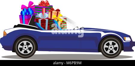 Dunkelblau moderne cartoon Cabriolet Auto voll von geschenkboxen auf weißem Hintergrund. Sport Auto. Vector Illustration. Clip Art. Stock Vektor