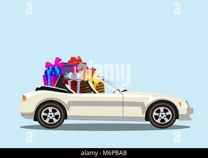 Weißes modernes cartoon Cabriolet Auto voll von geschenkboxen isoliert. Sport Auto. Vector Illustration. Clip Art. Stock Vektor