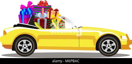 Gelbes modernes cartoon Cabriolet Auto voll von geschenkboxen auf weißem Hintergrund. Sport Auto. Vector Illustration. Clip Art. Stock Vektor